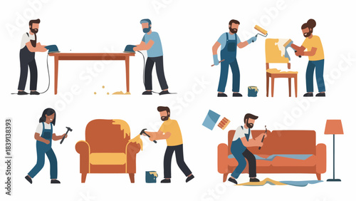 Diverse Team of Skilled Artisans Professionally Refurbishing and Decorating Furniture Collection