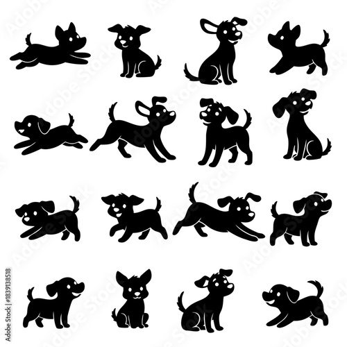 Cute Little Puppies in Various Playful Poses Silhouette Collection.	