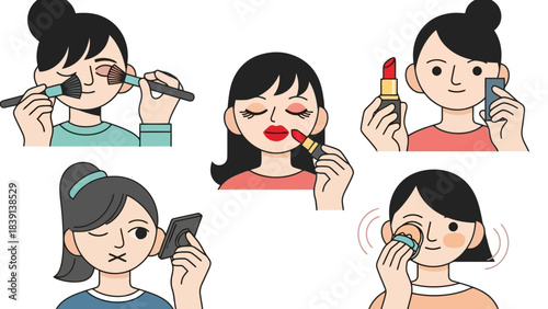 Diverse Beautiful Women Applying Makeup Beauty Routine Collection