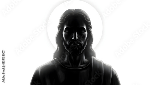 Minimal shadowy portrayal of Jesus rendered on a clean white background, expressing sacred presence, quiet mystery, and spiritual contemplation through subtle contrast and restrained devotional simpli