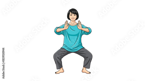 Woman Practicing Tai Chi or Qigong in a Relaxed Horse Stance Pose
