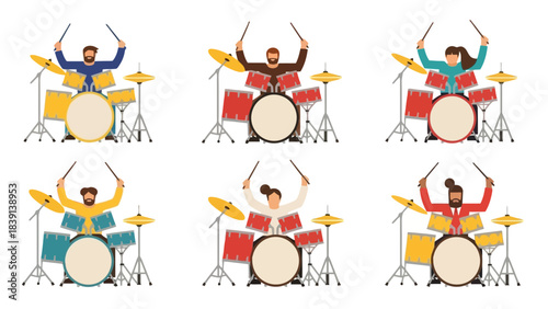 Diverse Group of Drummers Playing Drum Kits in Vibrant Colors Stock Illustration