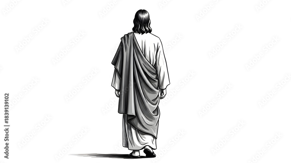 Obraz premium Simple monochrome sketch illustration of Jesus walking in long flowing robes, shown from a rear view on a clean background with generous copy space, expressing humility, journey, and quiet spiritual r