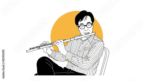 Man Playing Flute Musical Instrument Classical Music Performance Jazz Musician Concept Artistic Illustration