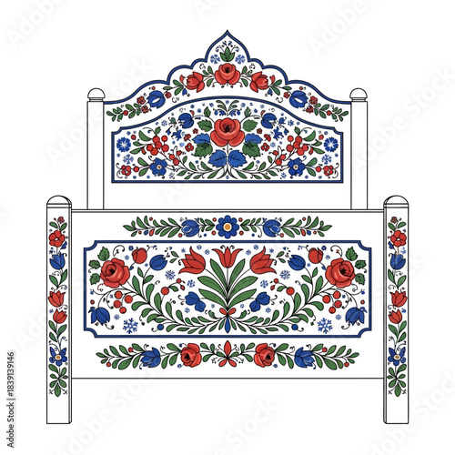 Intricate Traditional Embroidered Wooden Bed Frame with Floral Patterns for Decor