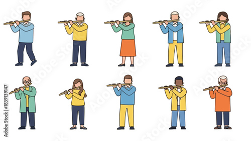 Diverse Group of People Playing Flutes Artistic Vector Illustration for Music Education and Harmony Concepts