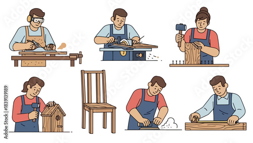 Carpenters Crafting Wood Furniture and Birdhouses with Tools Workshop Detailed Vector Illustrations Set