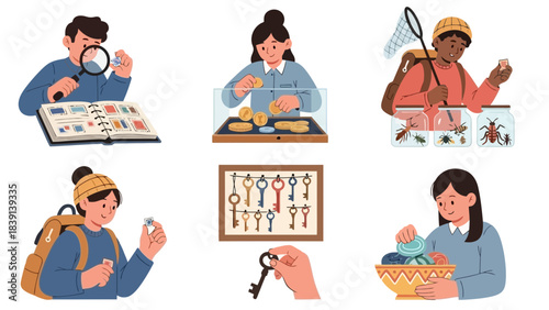 Diverse Hobbies and Collections People Engaging in Hobbies Collecting Stamps Coins Insects Keys and Yarn