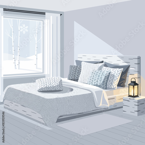 Cozy modern bedroom with large window, soft bedding, decorative pillows and ambient lighting