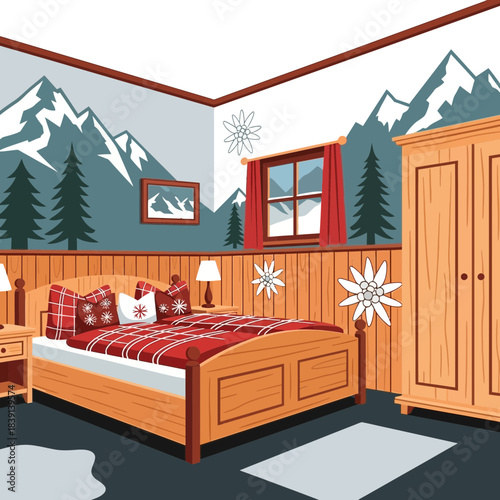 Cozy mountain cabin bedroom with wooden furniture and scenic wall murals