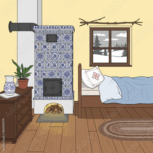 Cozy rustic bedroom with vintage wood stove and scenic winter view through window