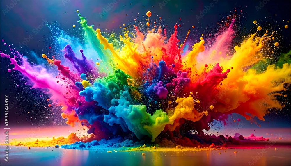 Obraz premium Vibrant explosion of rainbow colors, resembling smoke or powder, set against a gradient background