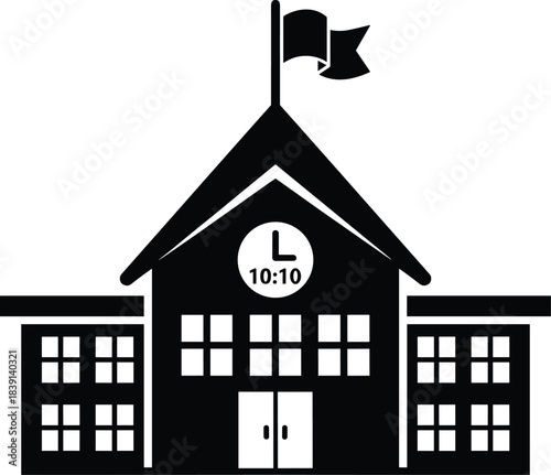 Stylized School Silhouette with Clock at 10:10, Flag, Symmetrical Wings, Peaked Roof, and Central Entrance — Educational Icon Design