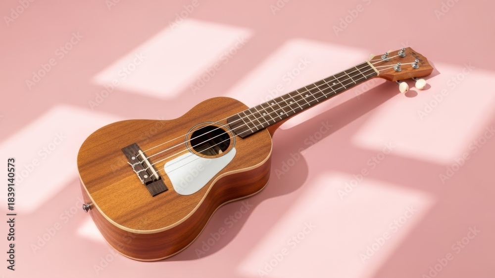 Obraz premium Wooden ukulele on pink background with shadow. Music concept for hobby, education, musical instrument store. Minimalist studio shot.