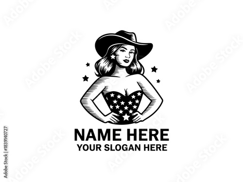 Patriotic cowgirl logo featuring American flag top and classic cowboy hat, ideal for western-themed branding, country apparel, rodeo designs, patriotic illustrations, vector graphics, and creative log