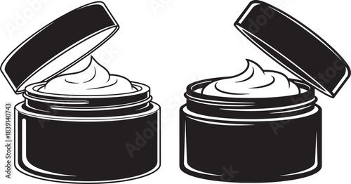 Two open jars of cream or ointment black and white illustration
