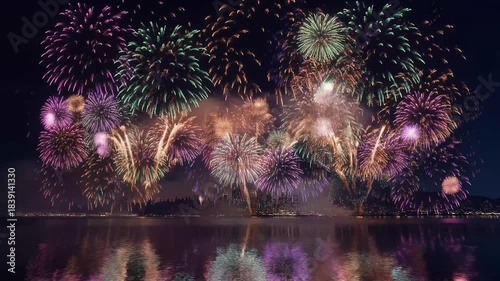Colorful Fireworks Exploding Over Water at Night