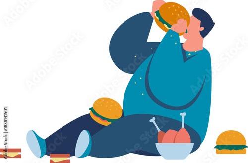 Overweight man eating fast food and unhealthy snacks
