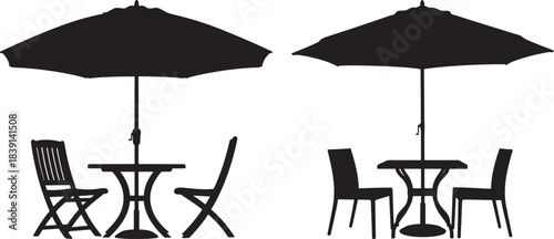 Outdoor cafe seating with umbrellas and chairs silhouette