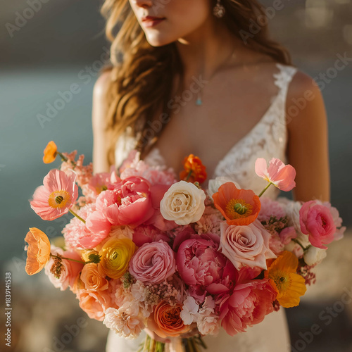 The bride, dressed in a white wedding gown, holds a bouquet of flowers.