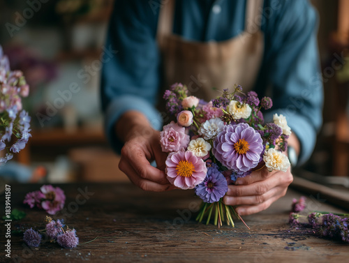 Hands of a Florist woman in an apron make a bouquet in the flower salon Close up.