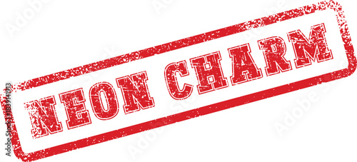 Retro inspired NEON CHARM phrase impressed on a rectangular rubber seal with textured edges