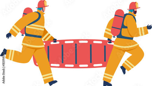 Firefighters running carrying patient stretcher for emergency rescue