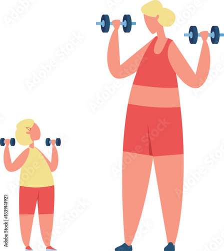 Mother and daughter exercising together with weights