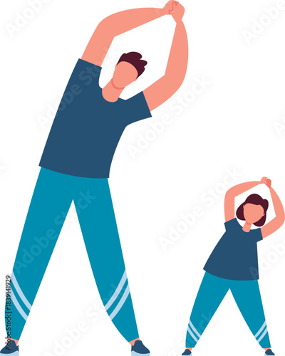 Parent and child exercising together, stretching during workout