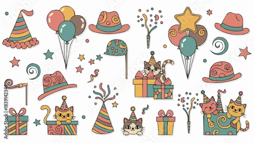 Festive Party Elements - Hats, Balloons, Gifts, and Playful Cats.