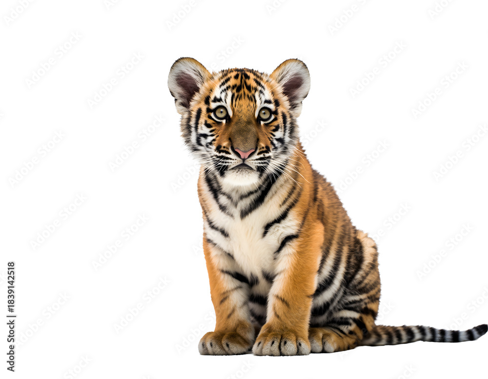 Obraz premium Adorable Tiger Cub Sitting in a Clean Isolated Cutout for Wildlife, Nature, and Educational Designs