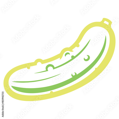 A vibrant and fresh stylized illustration of a crisp green pickle or cucumber featuring clean line art and simple shapes for healthy food and agricultural themes