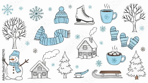 Hand-drawn Winter Elements Collection - Snowman, Houses, Trees, and Cozy Accessories.