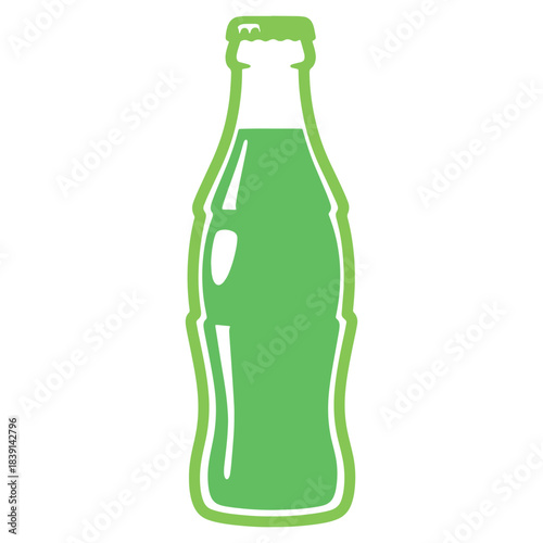 A vibrant green classicshaped beverage bottle featuring a refreshing drink and securely sealed with a cap presented as a clear and simple graphic illustration perfect for various design projects