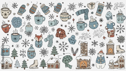 A large collection of hand drawn winter themed doodle illustrations.