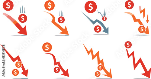 Financial decline icon set, dollar drop symbols, red and orange trend graphics, economic loss illustration, monetary decrease concept, crisis indicator visuals