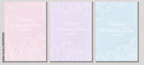 A set of greeting card designs for International Women's Day. March 8th. Delicate tulips. Hand drawing, doodle, line drawing. Vector illustration for the design of a postcard, card, poster, banner