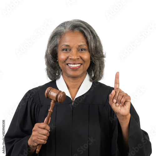 Judge with Gavel Pointing Upward for Legal Announcement