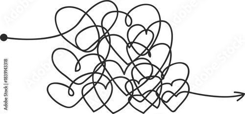 Complicated love journey forming tangled heart lines