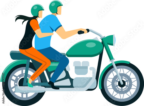 People wearing helmets riding green motorbike on a journey