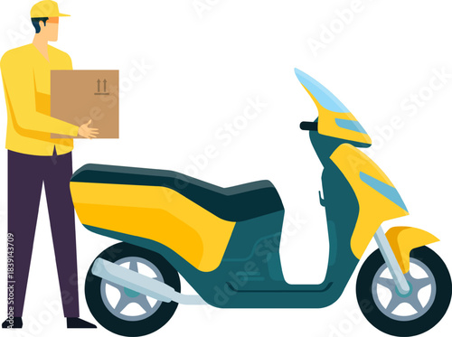 Courier delivering parcel with yellow delivery scooter