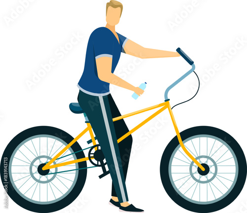 Man standing with bicycle holding water bottle