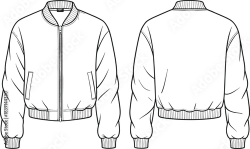 Bomber jacket technical fashion template, front and back view, detailed apparel sketch, cad drawing flat vector illustration for clothing design