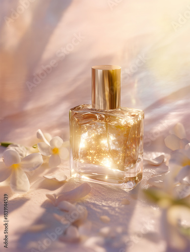 Perfume on a beige background in the rays of bright sun with flowers and beautiful highlights.