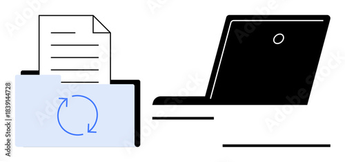 Data backup, cloud storage, file transfer, digital organization, document management, technology. Folder with sync symbol beside laptop. Data backup and cloud storage concept