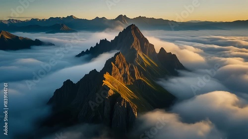 Golden Sunrise Over Mountain Peak and Sea of Clouds
