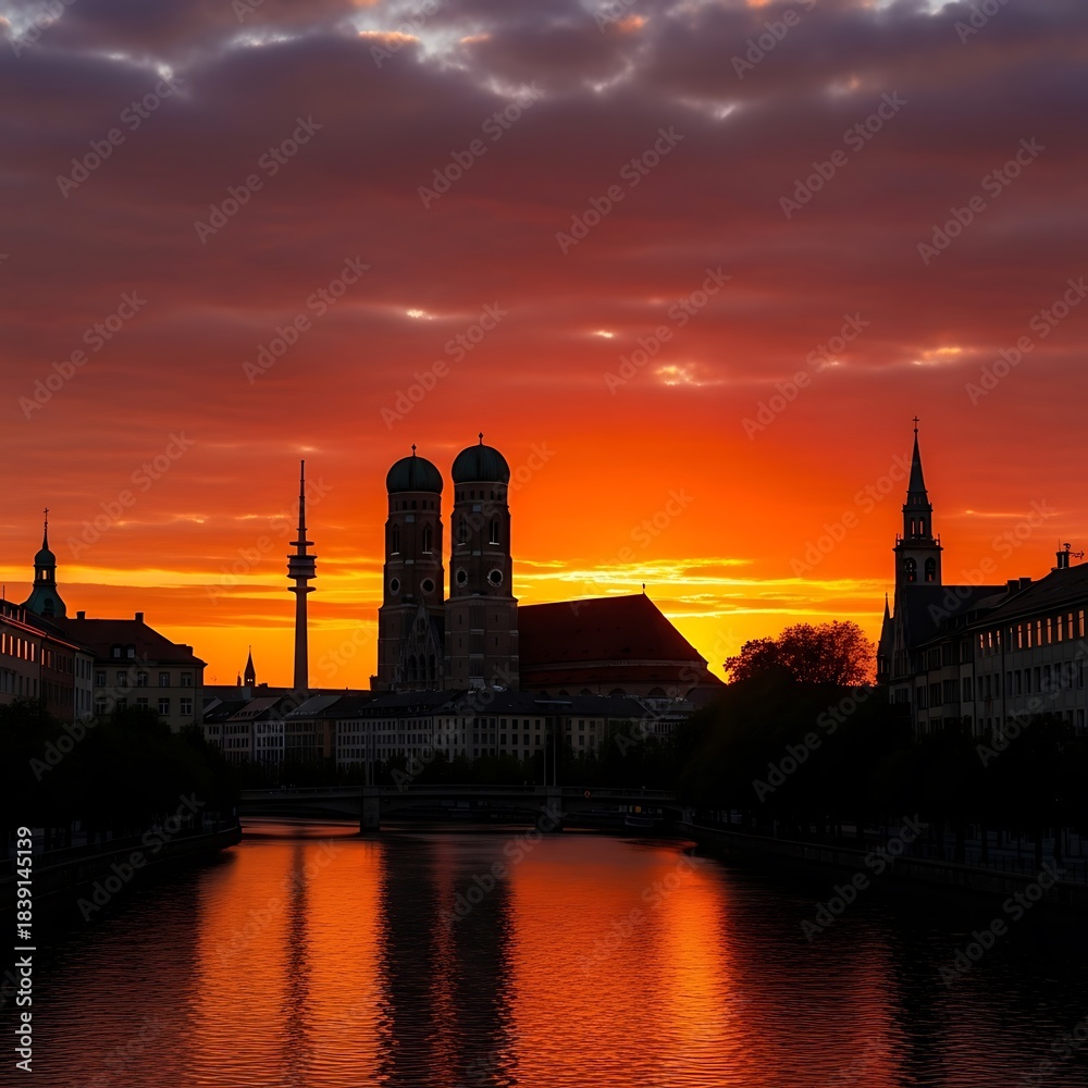 Fototapeta premium Sunset over Munich Cityscape with Cathedral.