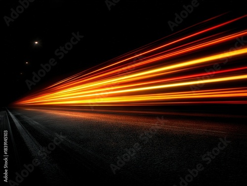 Long streaks of intense orange and yellow light racing across a dark road, creating a dramatic high-speed visual of motion, contrast, and powerful nighttime energy