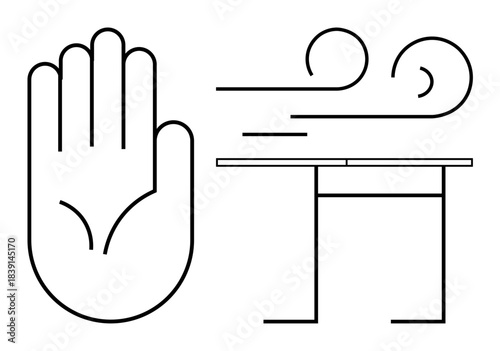 Communication, barriers, airflow, design, minimalism, ergonomics. Open hand icon, swirling air lines and minimal furniture illustration. Communication and barriers concepts in abstract minimal style