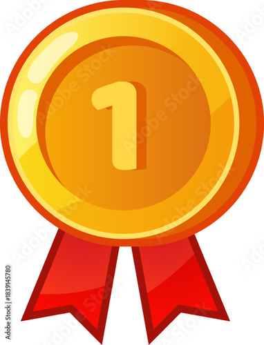 Golden first place winning medal with red ribbon